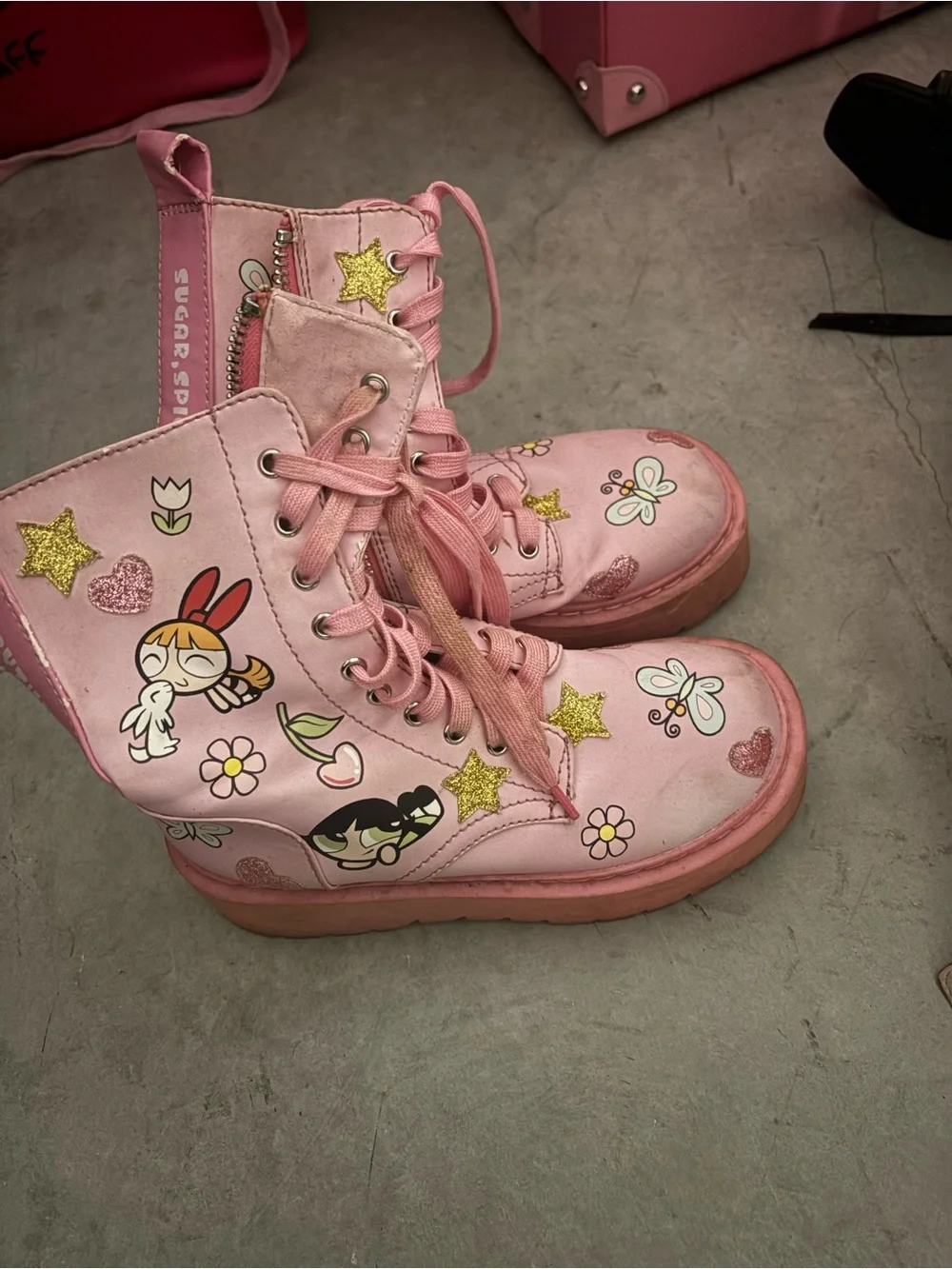 Dolls Kill Pink Powerpuff Graphic Combat Boots with Glitter Stars